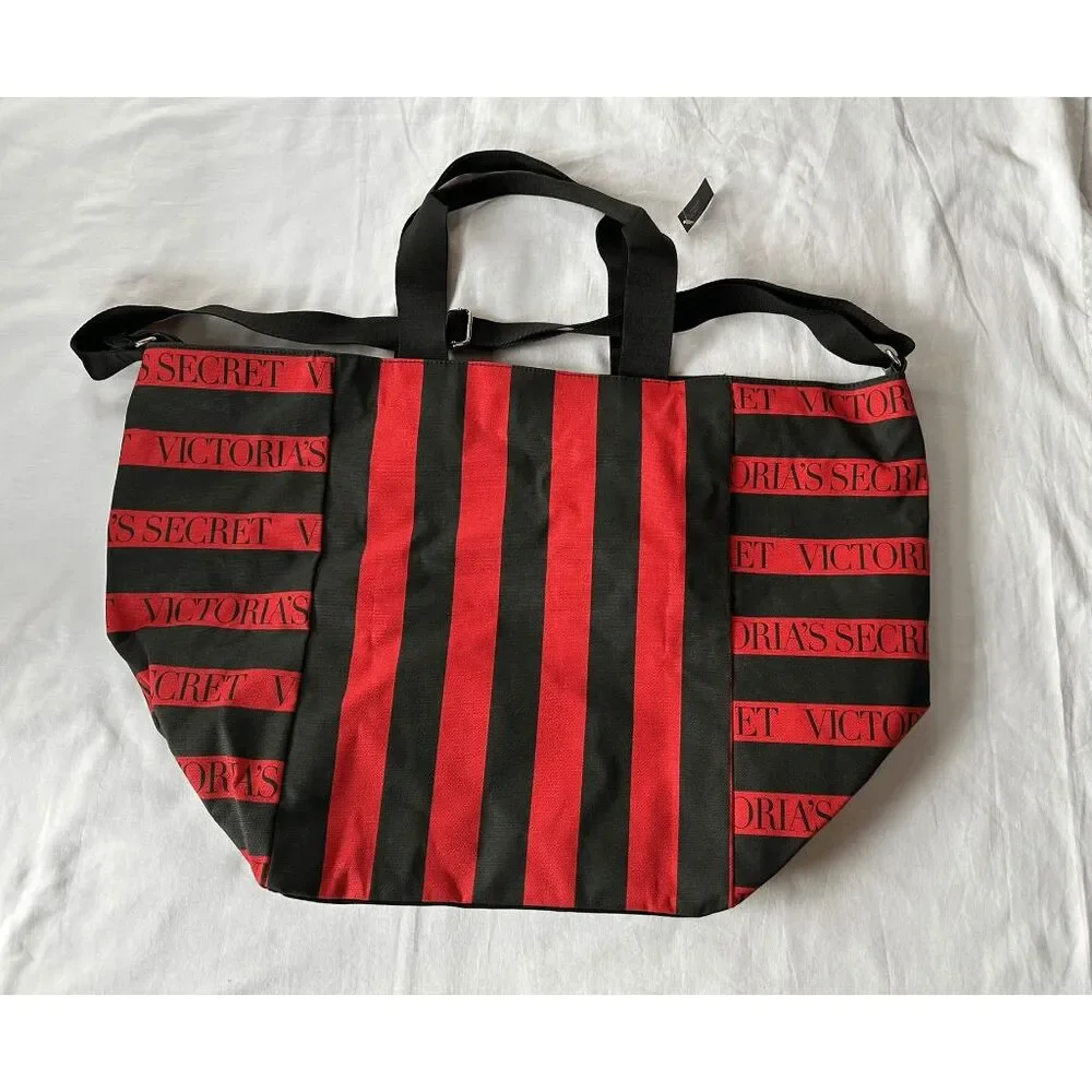 Victoria's Secret Red/Black Striped Large Tote/Beach Bag, NWT, Zipper, Crossbody - Picture 2 of 10